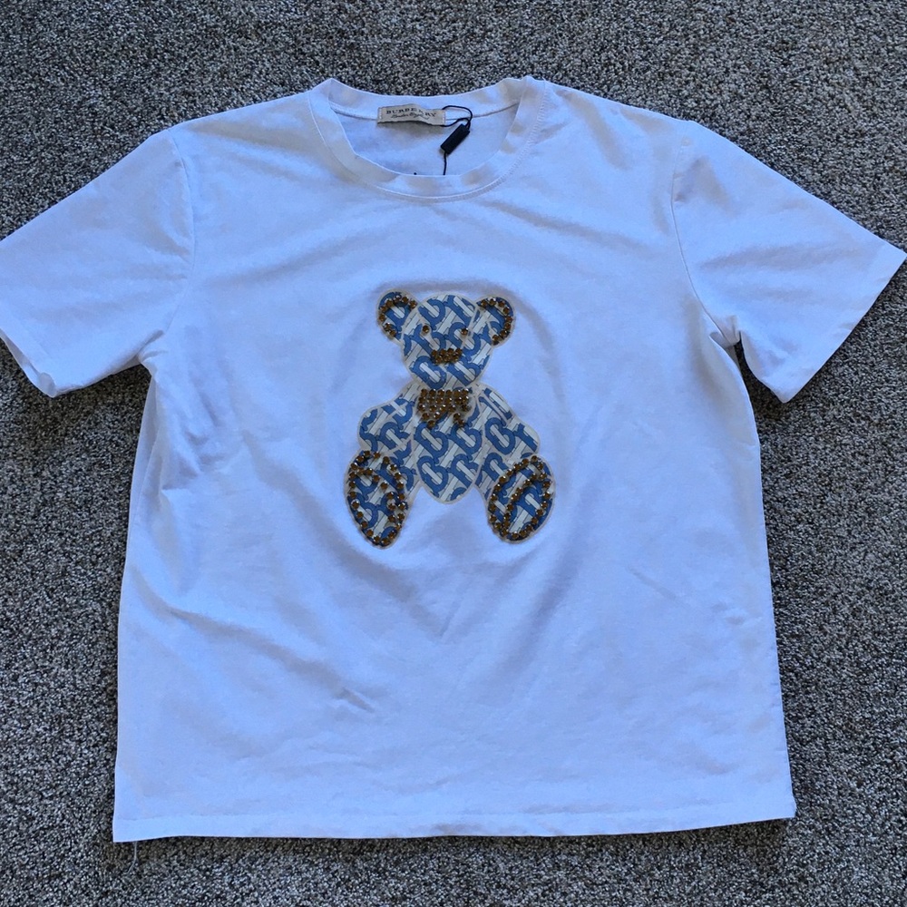 Burberry White Short Sleeve Tee with Blue & Gold Teddy Motif